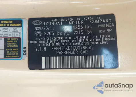 2012 Hyundai Genesis 2.0T from USA, damaged, VIN KMHHT6KD1CU076655